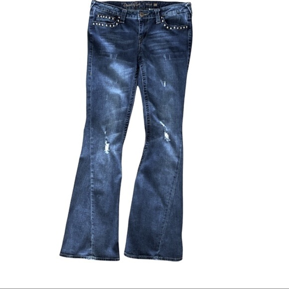 Revolution Jeans, distressed rivet studs. Size 11  / 12. Wide leg flare Boho - Picture 4 of 10